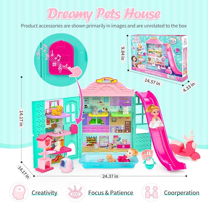 Dollhouse of Pets Toy Play Set, Foldable Pets Doll House with 31PCS Includes 2Dolls, Motor, Pool, 6Little Pets, Slide and Sounds, Pretend-Play Toddler Playhouse Ideal Gift for Children aged 3+