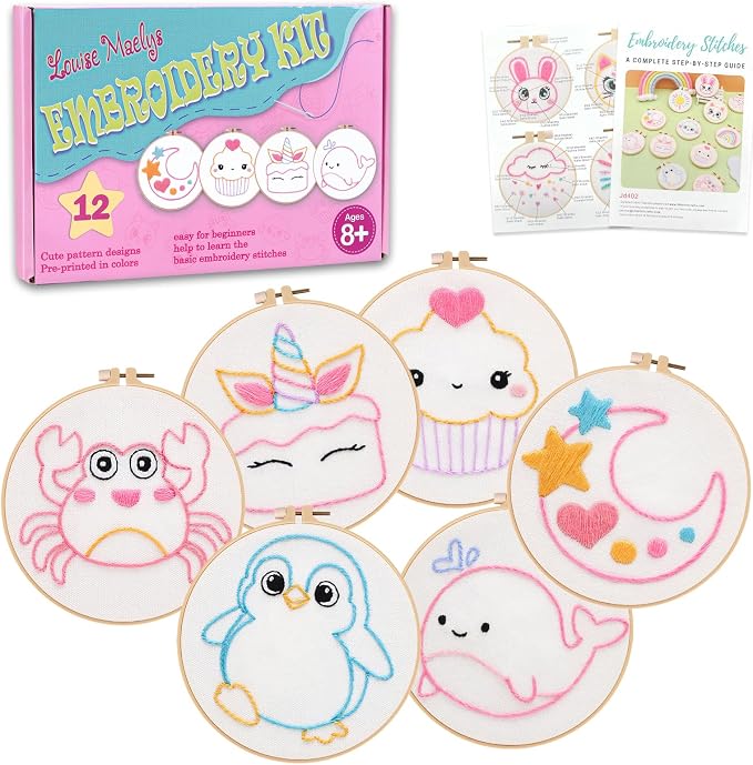 Louise Maelys Embroidery Kit for Beginners, 12 Packs Pre-Printed DIY Sewing Craft Kit,Kids Girls Cross Stitch Kit with Hoop, Threads, Needles and Scissors, Cute Animal & Cartoon Patterns