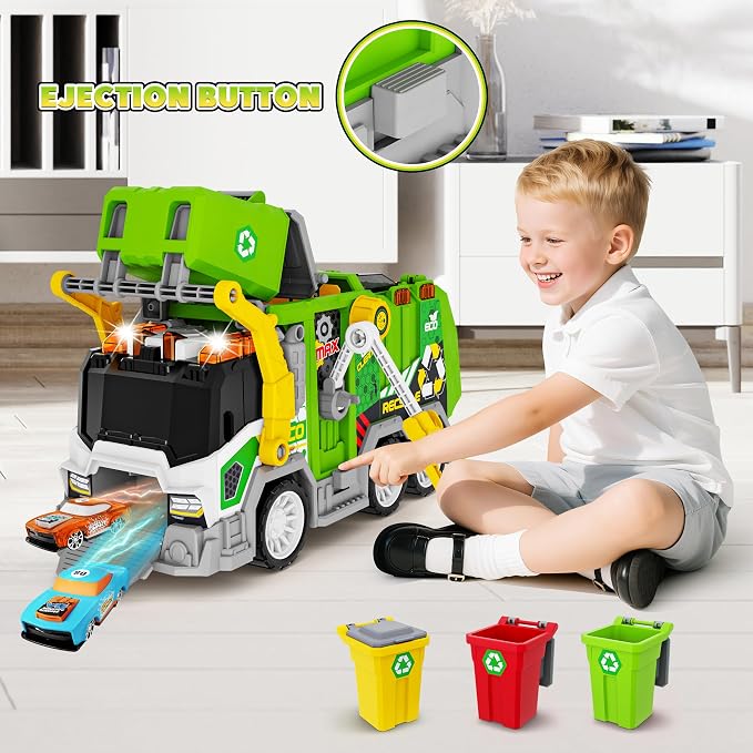 Large Friction Powered Garbage Truck Toy Set with Effect Sound, 2pcs Ejecting Race Cars, Includes Dumpster, Trash Bins, Birthday Gifts for Age 3 4 5 6 7 8 Year Old Boys Kids