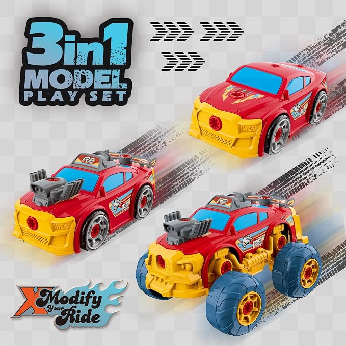 Pup Go 3-in-1 Take Apart Car for Boys with Electric Drill, 46Pcs Construction Toy Truck, Build Your Own Toy Car with Play Tools, Ideal STEM Gift for Kids Children Ages 3 4 5 6 7 8 9 Year Old Red