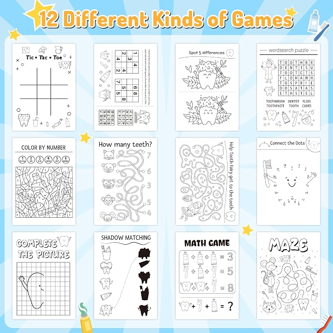 Tooth Activity Books with 24 Stacking Crayons for Kids - 24 Pack Tooth Fairy Mini Game and Coloring Book Set, Bulk Teeth Themed Activity Booklets for Classroom Rewards Party Favors DIY Art Gifts