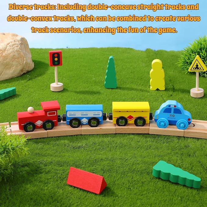SEWACC 18Pcs Wooden Train Track Accessories Set Compatible with Major Toy Train Brands Includes Straight and Curved Tracks for Kids Ages 3 Enhances Creativity and Motor Skills