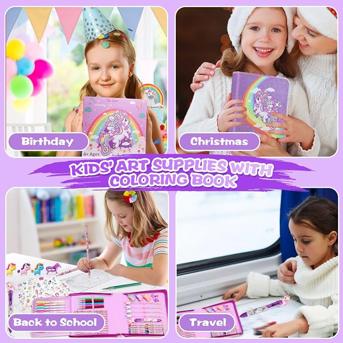 CozyJoyz Unicorn Washable Marker Set, 59 Pcs Arts and Crafts Coloring Set for Kids, Drawing Art Supplies Birthday Gifts for Girls Toys 4 5 6 7 8 9 Year Old (Purple)