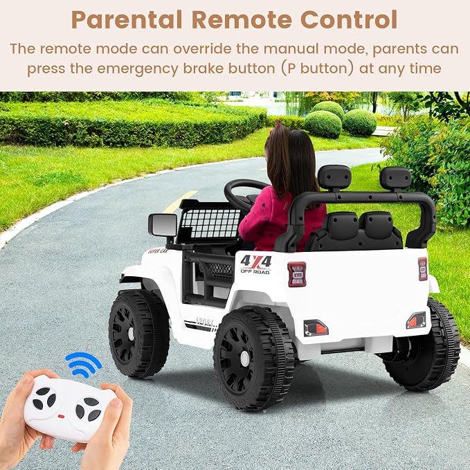 OLAKIDS 12V Ride On Truck, Battery Powered Electric Vehicle for Kids with Remote Control, Foldable Reflective Mirror, Spring Suspension, Music, LED Lights, Ride on Toy for 3+ Boys Girls (White)