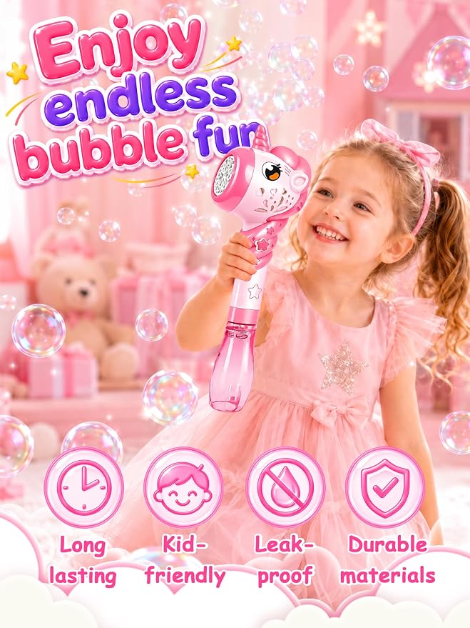Unicorn Automatic Bubble Wand Solution for Toddler Kid Princess Toy Age 1 2 3 4 5 6 7 8 1yr Year Old Little Girl Gift Machine Outdoor Juegos Juguetes Burbujas Niñas Christmas Pink
