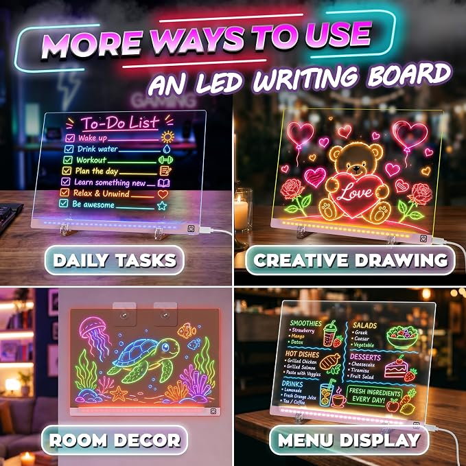 LED Drawing Board with USB-C Power – 16 Inch Acrylic Light Board for Tracing with Edge-Lit Color-Changing Glow, 7 LED Colors, 6 Light Modes – Plug-and-Play Kit with Markers, Stands, Gift Box (Pink)