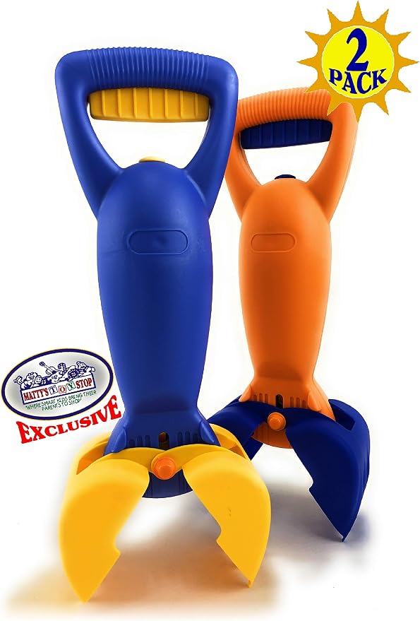 Matty's Toy Stop 14.5" Plastic Sand Grabber Claw Scoops for Sand & Beach (Blue/Yellow & Orange/Blue) Gift Set Bundle - 2 Pack
