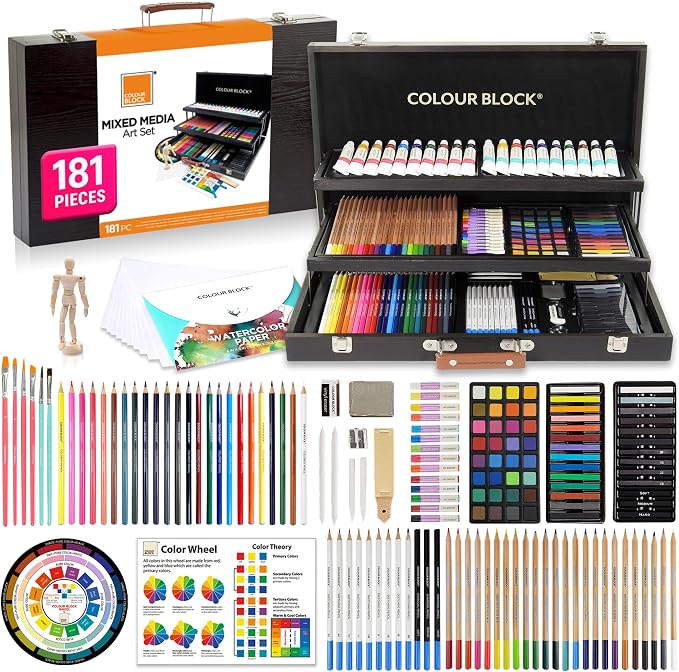 COLOUR BLOCK 181-Piece Mixed Media Art Set in Wooden Case, Deluxe Drawing Set and Professional Art Supplies for Adults, Art Kit for Drawing, Sketching, Painting with 12 Mediums, 11 Tools and Paper