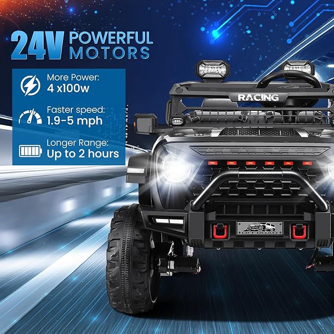 Hikole 24V Ride on Car with Remote Control, 2 Seater Electric Car for Kids w/20 Inch Wide Seat, 4x100W Motor, LED Headlight & Music Player, Power Car Wheels Ride on Toys for Boys Girls, Black