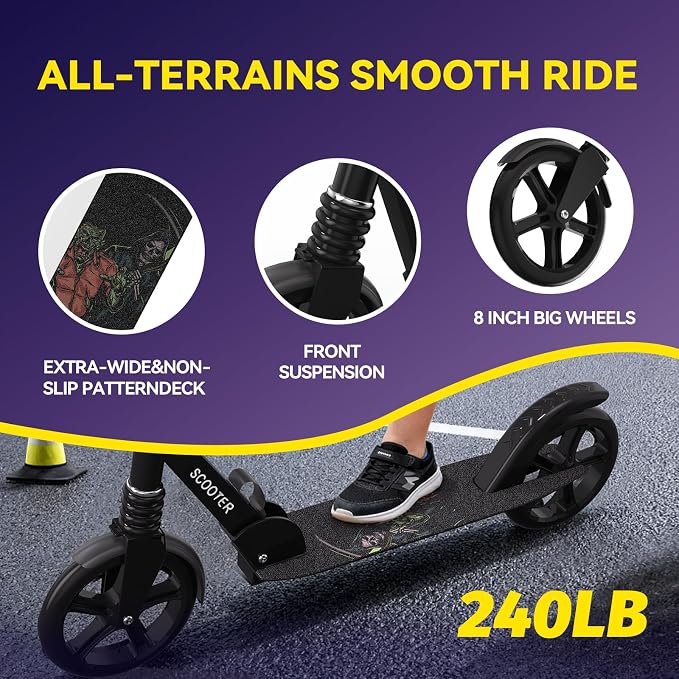 Nattork Kick Scooter for Age 6+ Kids Teens Adults, Max Load 240 LBS, Adjustable Height Foldable with 8" Large Wheels, Anti-Shock Suspension