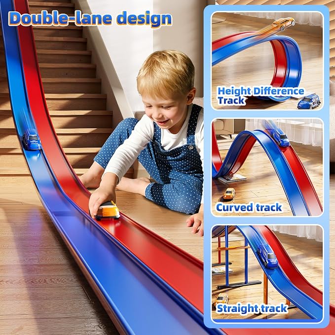 15 Ft Flexible Race Track Set for Kids 3 4 5 6 7 8 Years Old, Race Car Ramp Track with 2 Small Cars, Portable Car Track for Toddlers 3-8, Birthday Gifts for Boys Girls Ages 3+