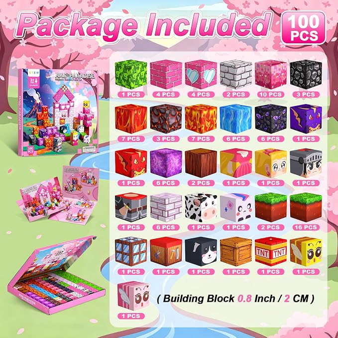 Magnetic Blocks for Girls, 100PCS 0.8inch Magnetic Building Blocks, Magnetic Cubes Sensory Toy for STEM Constructions Magnetic Blocks for Kids Ages 3 4 5 6 7 8 +, Girls Birthday Gifts