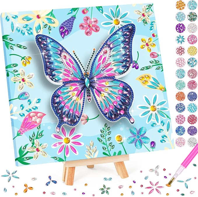 Crafts for Girls 8-12 - Make Your Own Butterfly Diamond Art Kits for Kids - Arts and Crafts for Kids - Diamond Art Paintings with Wooden Stand - 4 5 6 7 10 Year Old Girl Boy Birthday Gift Home Decor