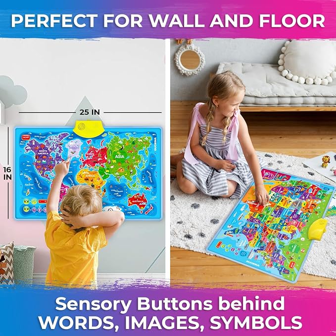 QUOKKA Educational Toys for Kids 5-7 Year Old - USA World Maps Puzzle Learning Wall Chart for Toddlers Age 3 4 6+ - Interactive Speech Therapy Poster Boy Girl - Autism Geography Puzzle Game 8-10-12
