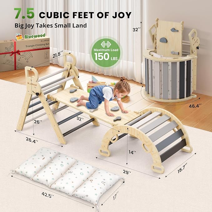 BlueWood Pikler Triangle Set with Cushion, 8-in-1 Climbing Toys for Toddlers, Montessori Philosophy Play Jungle Gym with Arch, Ramp, Ladder(Elegant Gray)