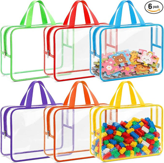 6 Pack Clear Toy Storage Bags with Zippers, Multi-Color Toy Organizer with Handles, Premium Plastic Toy Organizers and Storage for Building Blocks, Lego, puzzle, Crafts, Travel Essentials