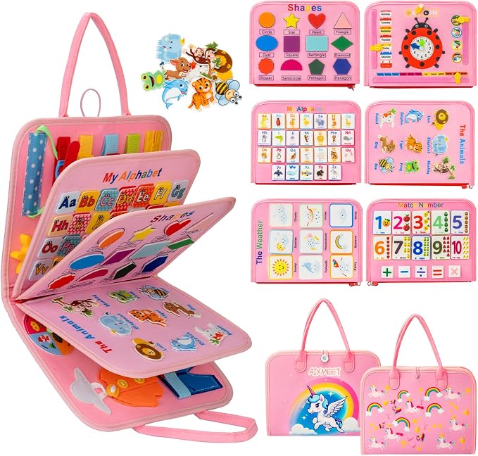 AIXMEET Toddler Busy Board Montessori Toys, Sensory Board Busy Book, Toys for Toddlers 3456 Year Old, Preschool Learning Activities with Life, Shape,Color,Animal,Weather,8 Pages (Pink)
