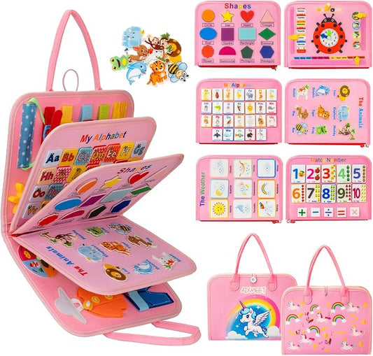 AIXMEET Toddler Busy Board Montessori Toys, Sensory Board Busy Book, Toys for Toddlers 3456 Year Old, Preschool Learning Activities with Life, Shape,Color,Animal,Weather,8 Pages (Pink)