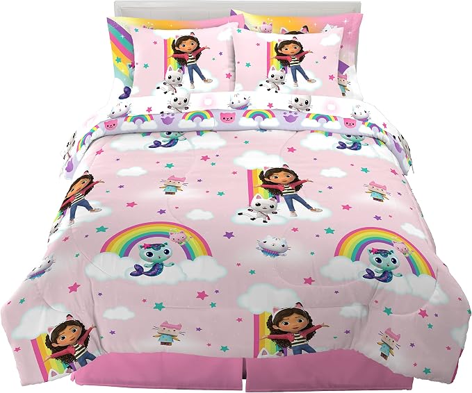 Gabby's Dollhouse Kids Full Size Bedding, 7 Piece Super Soft Cozy Reversible Comforter and Sheet Set with Sham, (Officially Licensed Product) By Franco