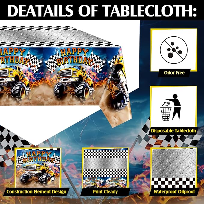 Mifoci 6 Pcs Monster Truck Birthday Party Tablecloths Monster Machine Table Covers Large Plastic Disposable 108 x 54 Inches for Truck Theme Kid's Boys Birthday Shower Party Supplies (Classic)