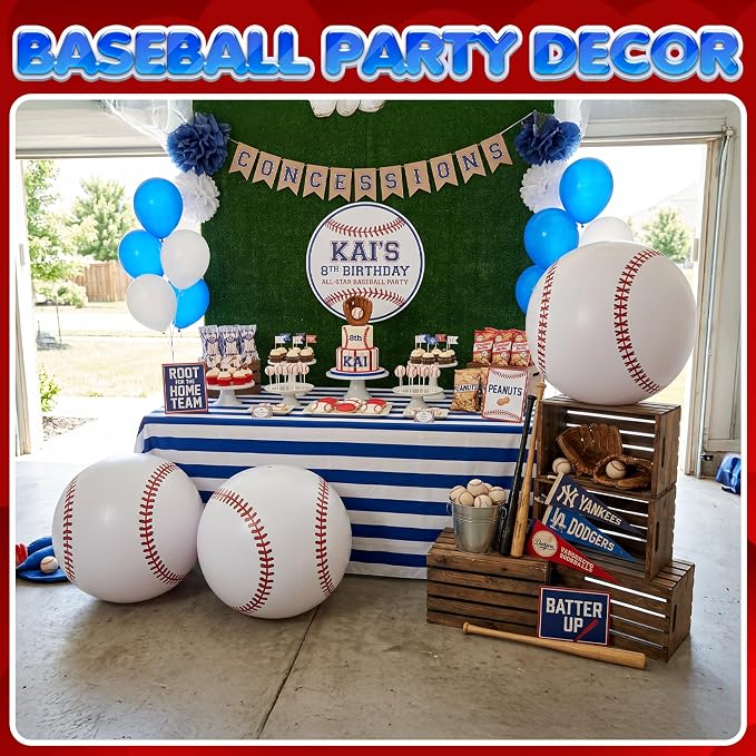 24-Inch Giant Beach Balls - (3-Pack) Inflatable Baseball Beach Balls - Extra Large Blow Up Pool Balls for Kids, Summer Pool Toys, Baseball Party Decorations & Sports Theme Decorations
