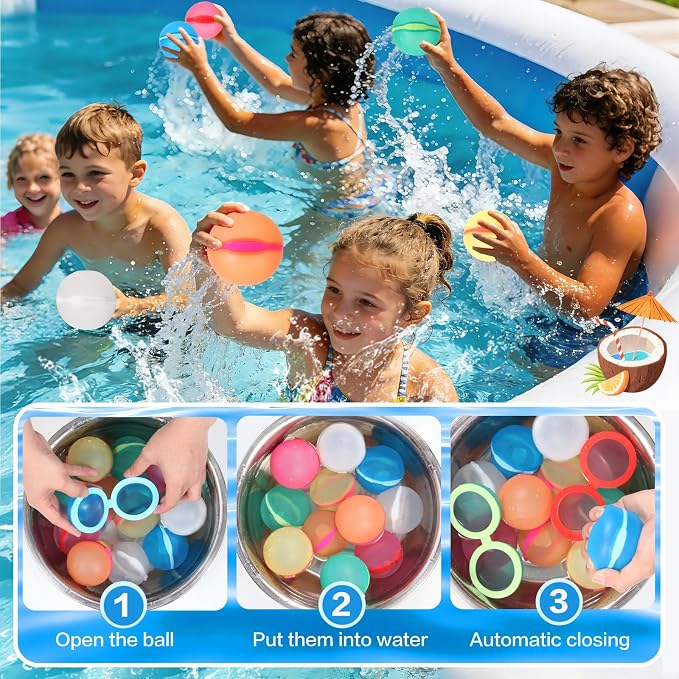 Reusable Water Balloons Refillable for Kids: Soft Silicone Material Self Sealing for Outdoor Activities - Summer Pool Beach Water Bomb for Boys Girls 3-12 Years (12Pck)