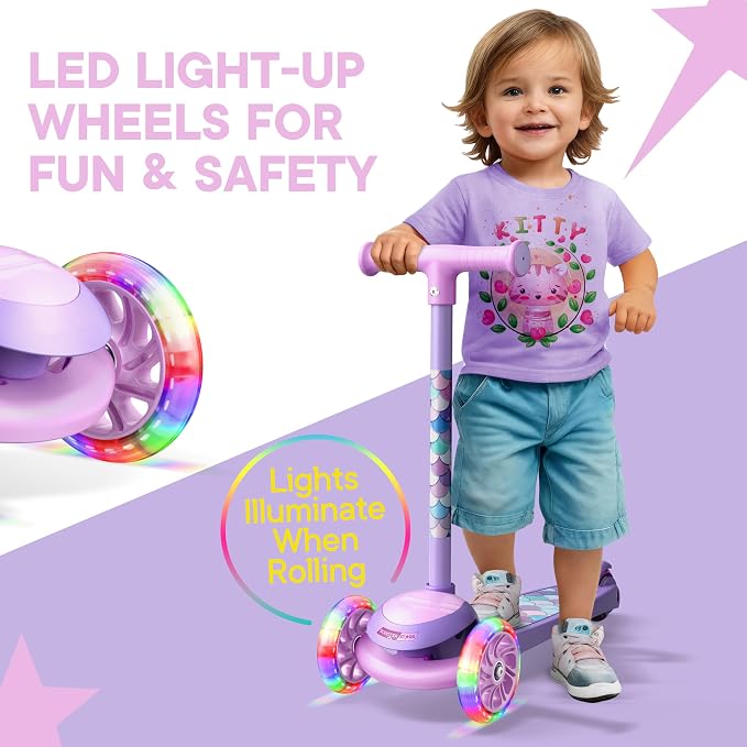 3 Wheel Scooter for Kids, Smooth Light Up LED Front Wheels, Wide Anti Slip Deck, Rear Foot Brake, Easy Lean to Steer Maneuvering, Indoor & Outdoor Ride On Toys for Ages 2 Up,