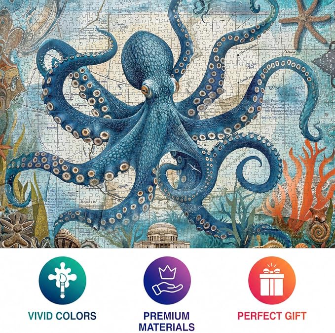 Cross & Glory | 1000 Piece Jigsaw Puzzles for Adults | Neptune’s Navigator: The Octopus Voyage | Ancient Map Octopus Puzzle 1000 Pieces | Satin Finish Ocean Puzzle | Ages 14+