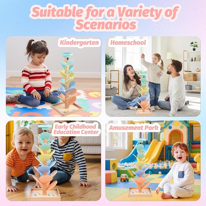 Wooden Marble Run Ball Drop Montessori Toys for Toddlers 4-8 Boys Girls Kids Wood Music Tree Marble Ball Run Game 3-5 8-12 Years Old Learning Color Sorting Sensory Toys Birthday Gift (Height: 20.5")