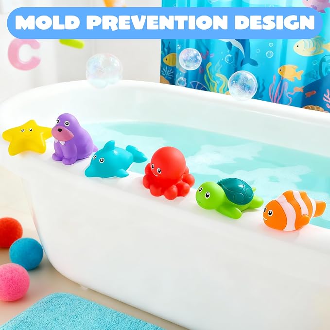 JOYIN 6 Pcs Sea Animal Bath Toys, Sealed & No-Hole & Mold Free Bathtub Toys for Kids, Non-Toxic & Soft Water Vehicles Toys, Squeezable & Float on Water, Bath & Pool Play for Boys and Girls