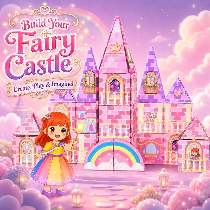 LATI Magnetic Tiles Princess Castle Building Toy for Kids, Double-Sided Magnetic Blocks for Day & Night Play, Open-Ended STEM Educational Toy, Compatible with Other Brands, Gift for Girls Ages 3–8