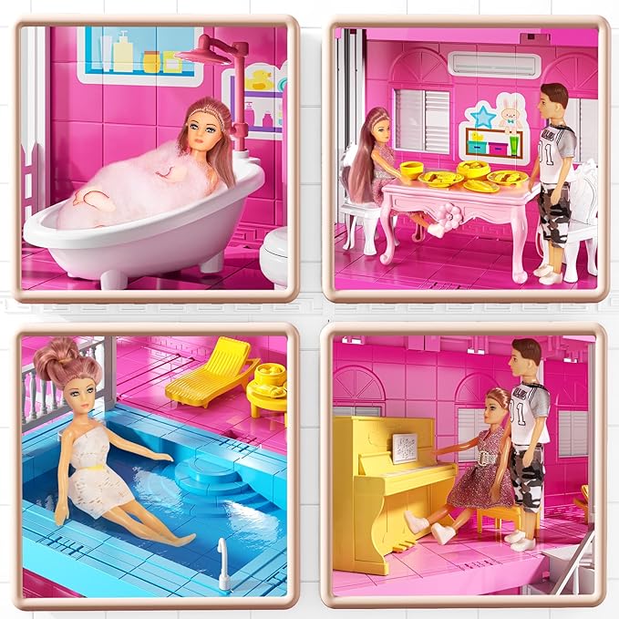 JUKUDAHU Pink Villa Playset for Girls Ages 3-7, 4-Story 10-Room House with 2 Dolls, Furniture & Accessories, Pretend Play Toddler Toy, Birthday Gifts for Kids 3-8