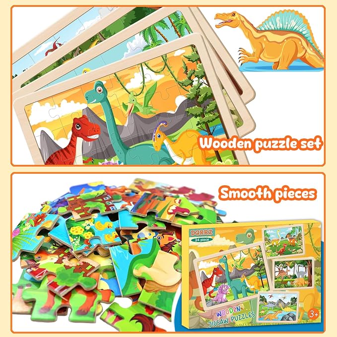 Puzzles for Kids Ages 4-6,24 Pieces Wooden Puzzles for Toddlers Ages 3-5 4-8 3 4 5 6 3-4 Year Olds.4 Pack Dinosaur Puzzle Set Children Jigsaw Puzzles for Boys and Girls Educational Learning Toys