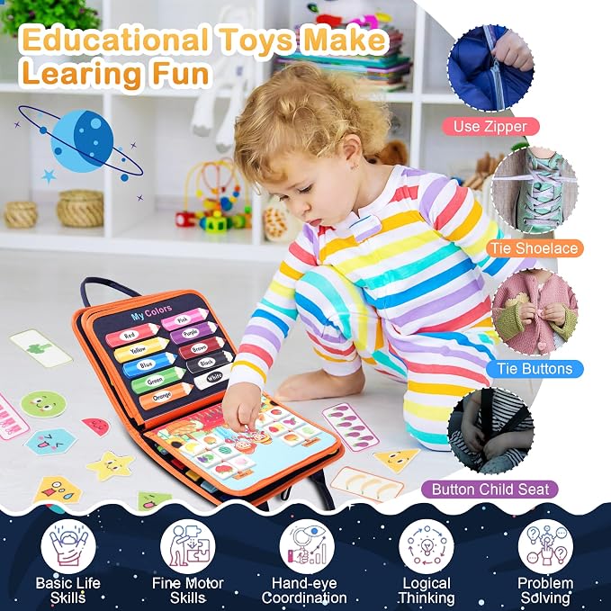 Teefrye Toddler Busy Board Montessori Toys for Boy, Activity Book Educational for Learning Fine Motor Skills, Travel Toys for Airplane Car, Birthday Gifts for Boys Toddlers