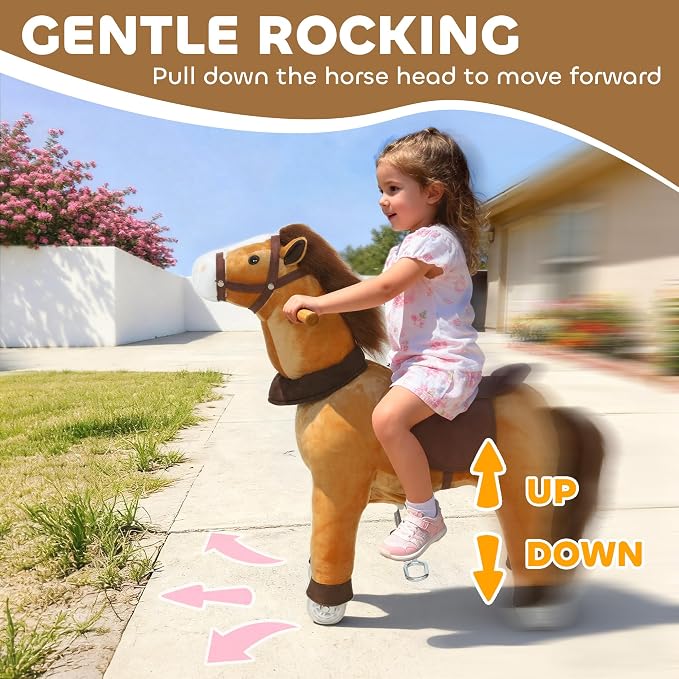 Qaba Ride on Horse for Kids 3-5 Years, 29.5 Inch Height Plush Riding Pony, Walking Horse Animal with Rolling Wheels for Active Play, No Batteries Required, Brown