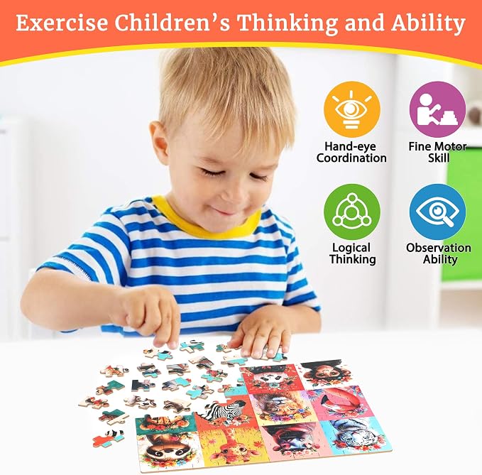 MZZOTOY Beautiful Wild Animals Puzzles for Kids Ages 4-8, 100 Pieces Jigsaw Puzzles for Kids Ages 3-5 Puzzle for Girls and Boys Learning Educational Puzzles Toys in a Metal Box