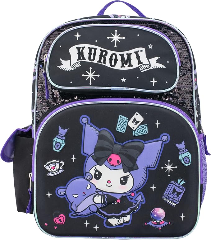AI ACCESSORY INNOVATIONS Sanrio’s Hello Kitty Backpack for Girls, 16 Inch Kuromi, Kawaii School Bag with Flip Sequins & 3D Molded Front Pocket, Black