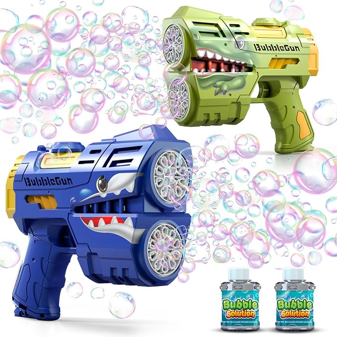 Jasny 2 Pack Bubble Guns for Kids, LED Light Up Rechargeable Bubbles Machine Blower with 2 Bottles Refill Solution for Toddlers 4-8, Wedding Birthday Gift