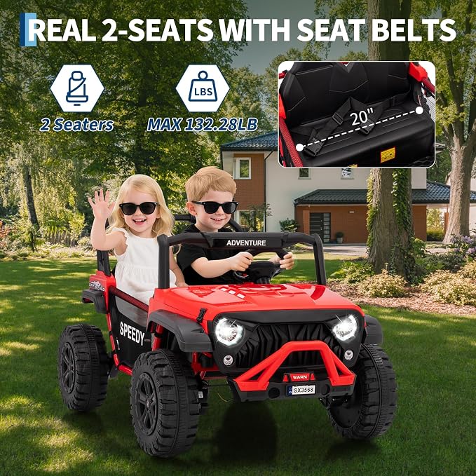 Powerful 24V Ride on Car for Kids, Ride on Truck with Remote Control - 4WD Electric Car, 2 Seater UTV, Spring Suspension, Front & Behind LED Lights, Dual Storage, 3 Speeds, Music,