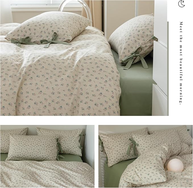 LifeTB Full Comforter Set Vintage Green Floral Bedding Comforter Boho Flower Cottagecore Comforter with 2 Bow Ties Pillowcases Fluffy Lightweight Bedding Farmhouse Botanical Comforter Set