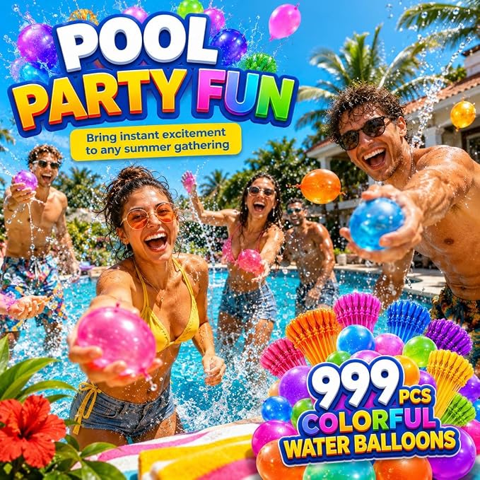 999Pcs Self-Sealing Water Balloons, Colorful Quick Fill Water Balloons for Outdoor Events, Summer Outdoor Water Toys for Pool Party, Backyard Games, Beach, Birthday Party and Family Fun