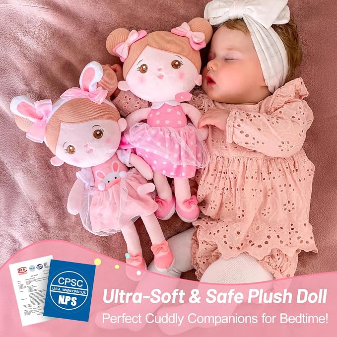 OUOZZZ 12.6" Soft Baby Doll - Toys for 1 Year Old Girl Gifts, Birthday Gifts for 1 Year Old Girl Plush Toys Gift for Toddler Kids Pink Dress