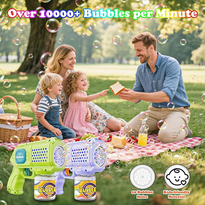 Panamalar 2 Packs Bubble Guns for Kids, Automatic Bubble Machine Gun 10000+ Bubbles/Min, 10 Holes Bubble Maker Toys with Solution/Light for Boys Girls Outdoor Wedding Party, Purple+Green