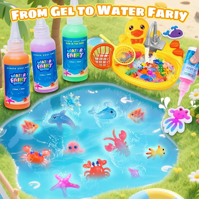 Glow in The Dark Magic Water Elf, Yellow Duck Pool Toy with 12 Aqua Molds,12 Gels to Create Squishy Water Pets, DIY Water Fairy Sensory Toys, Kids STEM Crafts Water Animals, Christmas Birthday Gift