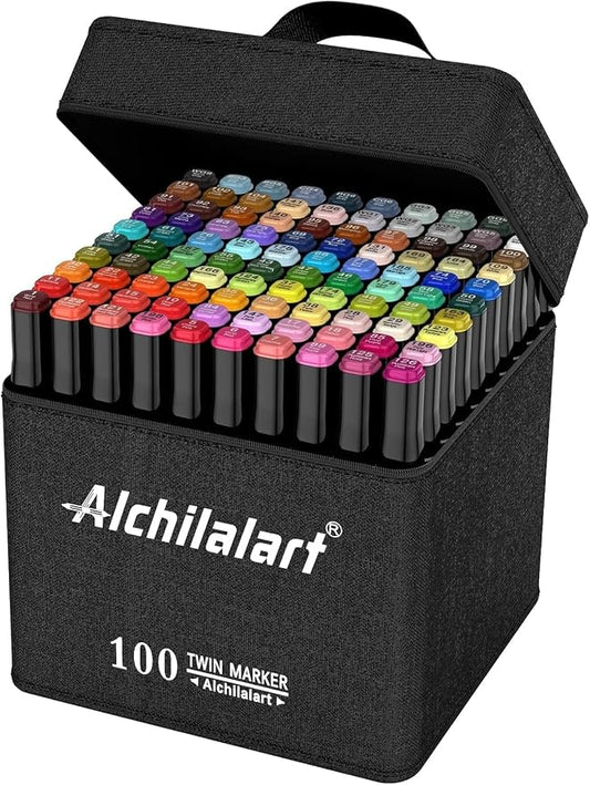 alchilalart 100 Colors Alcohol Markers Set, Dual Tip Art Markers with Case, Premium Artist Pens for Adult Coloring Books, Journaling, Sketching, Manga, Card Making, Gifts for Kids Teens & Women