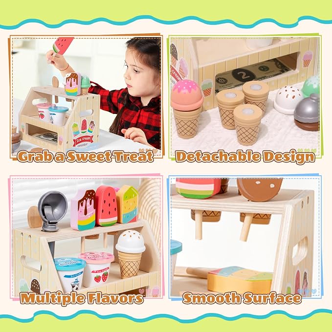 BROWNROOT Wooden Ice Cream Shop Toy with Menu and Play Money for Kids | Features cones, popsicles and cups made from wood, encouraging pretend play and creativity for ages 3+
