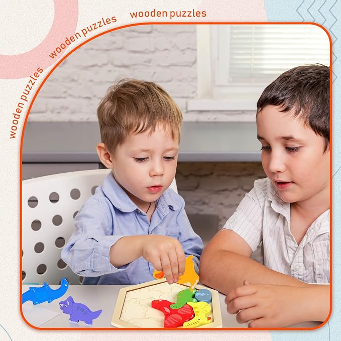 Jerify 5 Pack Wooden Tangram Puzzle for Kids Dinosaur Wooden Hexagon Puzzle Animal Block Teaser Geometric Shapes Fruit Tangram Games for Boys Girls Toddler 1-3 Jigsaw 3D Logic IQ Game Gift