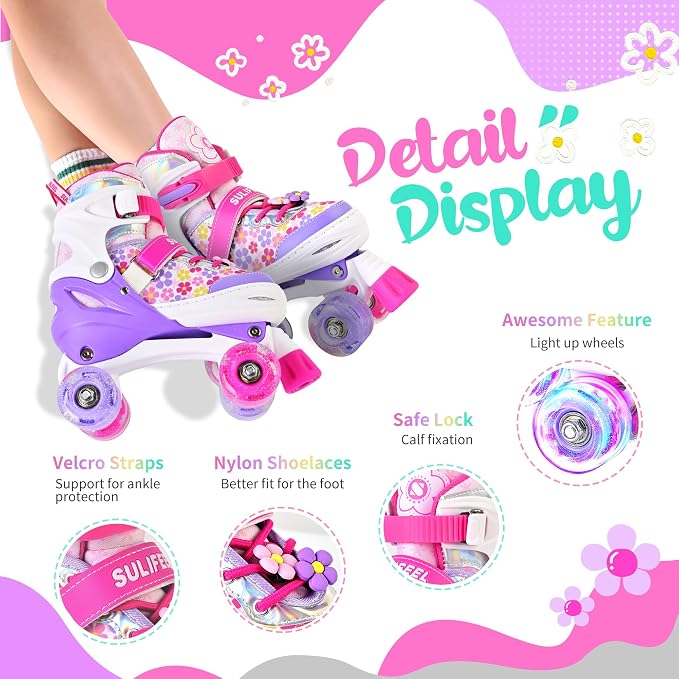 SULIFEEL Rainbow Unicorn 4 Size Adjustable Roller Skates for Girls Boys for Kids Ages 3-5 5-8 6-12 Children Skates Indoor Outdoor