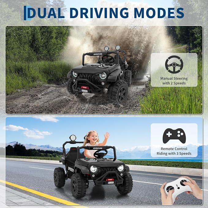 2 Seater Ride on Car for Kids, 24V Ride on Toy, Fast 4.97MPH Truck, 4WD Kids Electric Vehicles with Remote Control, Spring Suspension, Front & Behind LED Lights, Dual Storage, 3 Speeds, Music, Black