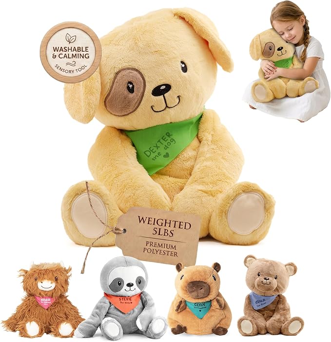 Lilly's Love Weighted Stuffed Animals for Adults & Kids — 5lb Calming Dog Plush for Anxiety, ADHD & Sensory | Machine Washable Weighted Stuffed Animal w/Removable Insert | Dexter The Dog